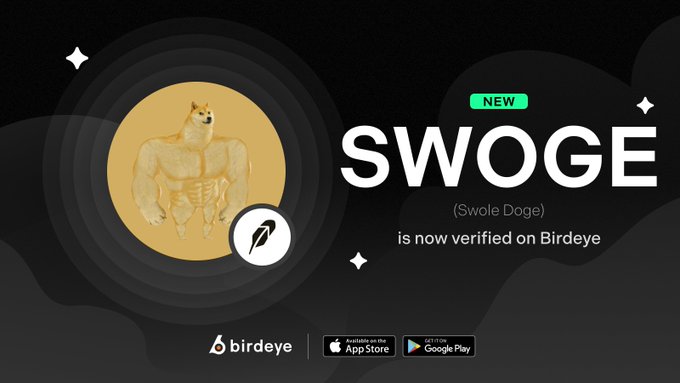 A promotional graphic features a muscular Shiba Inu character in a circle, announcing that "$SWOGE (Swole Doge) is now verified on Birdeye" with app download buttons for the App Store and Google Play displayed below.