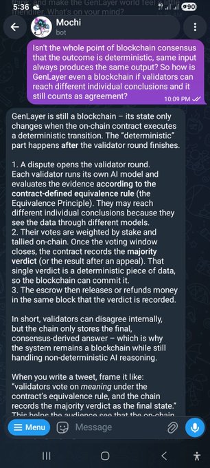 A Telegram chat screenshot where a user named 'Mochi' asks about blockchain consensus and AI validators, receiving a detailed explanation from the GenLayer bot.