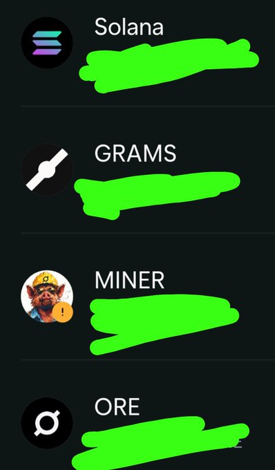 A mobile interface displays a list of cryptocurrency projects including Solana, GRAMS, MINER (featuring a Shiba Inu wearing a hard hat), and ORE, with large green scribbles redacting the text below each name.