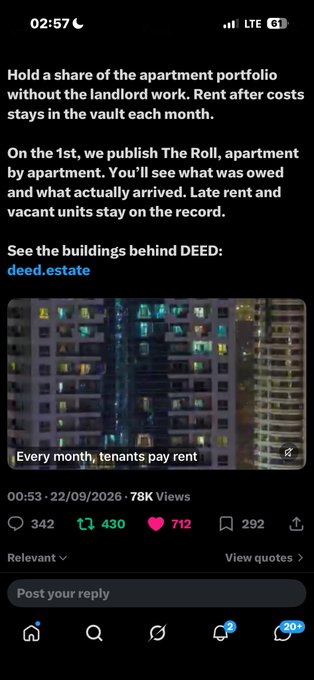 A screenshot of a social media post on X (formerly Twitter) advertising an apartment investment opportunity at deed.estate, showing an image of an illuminated high-rise building at night.