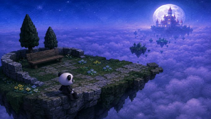 A fantasy digital artwork showing a small panda character sitting on a floating stone platform with a bench and trees, with a castle on a floating island visible in the background under a full moon.