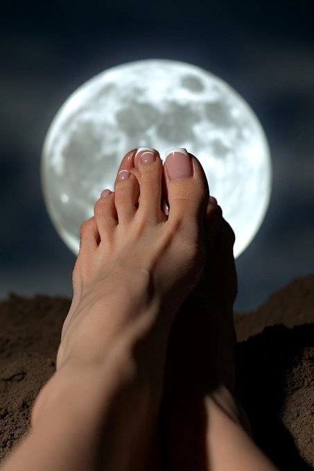 A foot with pink-painted toenails rests on dark sand, perfectly aligned against a glowing full moon. The composition creates the playful illusion that the toes are touching or blocking the moon, matching the caption's whimsical "moon soon on toes" theme.