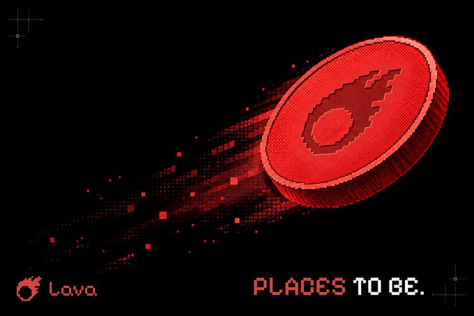 A digital pixel art illustration features a red, glowing coin-like object with a symbol on it, trailing digital particles against a black background, with text 'Lava' and 'PLACES TO BE.'
