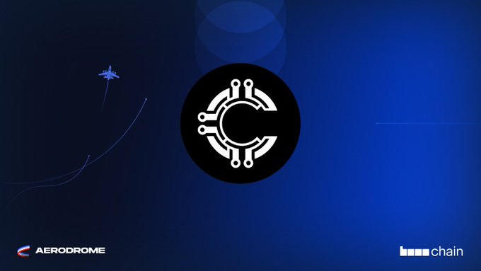 The image features the Aerodrome logo prominently displayed in the center, with the brand name "AERODROME" in the bottom left and "base chain" in the bottom right, set against a deep blue background with a small airplane graphic and curved trajectory lines symbolizing flight. This visual ties directly to the announcement that the $CP-$USDC pool on Aerodrome is now eligible for AERO emissions, with the airplane imagery representing CP's "takeoff" onto the platform.