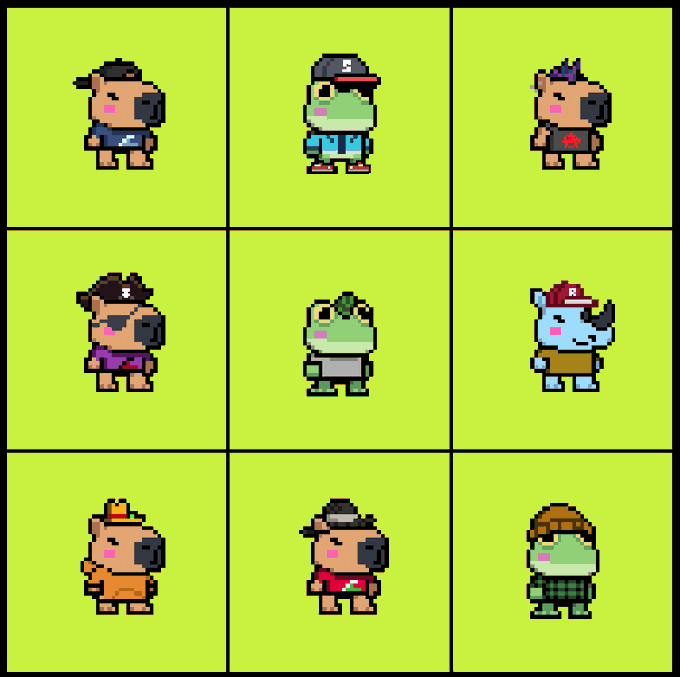 A 3x3 grid displays nine pixel art characters featuring animals (bulls, frogs, and a rhino) wearing various outfits, hats, and accessories including sunglasses and baseball caps, with one rhino wearing a cap marked with an "R." The collection ties to the Robinhood-themed post by showcasing unique, stylized pixel characters as a limited pack rewarding select followers.