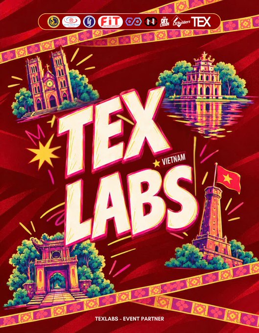 A vibrant red event poster for "TEX LABS VIETNAM" featuring illustrated landmarks and partner logos at the top, labeled "TEXLABS - EVENT PARTNER" at the bottom.