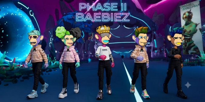 A digital artwork titled "PHASE II BAEBIEZ" showing five stylized ape-like NFT characters with various accessories in a neon-lit futuristic landscape.