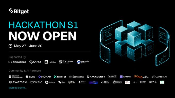 The image features a poster for an AI Hackathon event, which is scheduled to take place from May 21st through June 30th. The poster displays various logos of companies participating in the hackathon, including Bitget, Bitly, and BitlyAI. There are also logos representing different AI-related companies such as AI Trading Agent, AI Infra, and others. The event aims to bring together individuals with a passion for AI and technology to collaborate on innovative projects and ideas.