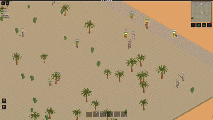 A top-down view of a 2D browser-based desert MMORPG called Chainera, where numerous player characters with health bars are scattered across a sandy map dotted with palm trees and cacti, illustrating the active PvP combat mentioned in the promotional post for the @solana blockchain game.