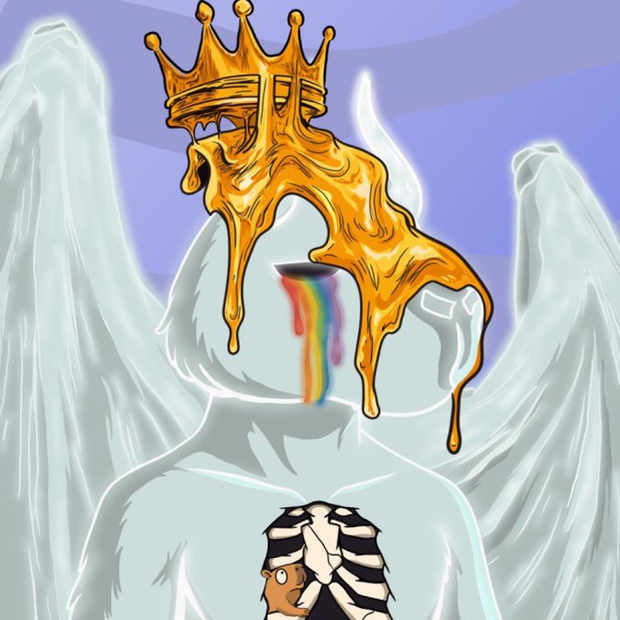 The image features a white figure with wings, wearing a crown of gold and having a heart with a rainbow design on its chest. The figure has a tear streaming down its face, suggesting a sense of sadness or distress. The background is a gradient of blue and purple colors, creating an atmosphere of mystery and intrigue. The caption to the image reads "Cappykingdom GA 5x phase 1 WL for @thecappykingdom A glimpse into a world where divinity, corruption, and power collide".