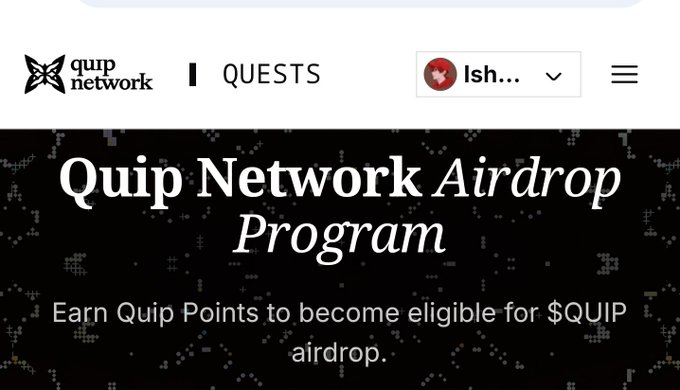 The image shows a screenshot of a website called Quip Network Airdrop Program, which appears to be an advertisement for a rewards program. The main focus of the image is a banner that reads "Quip Network Airdrop Program" with a list of rewards available on the site. The text in the image also mentions that users can earn Quip Points by participating in quests and completing various tasks or challenges, which could lead to them becoming eligible for discounts or other benefits through the program.