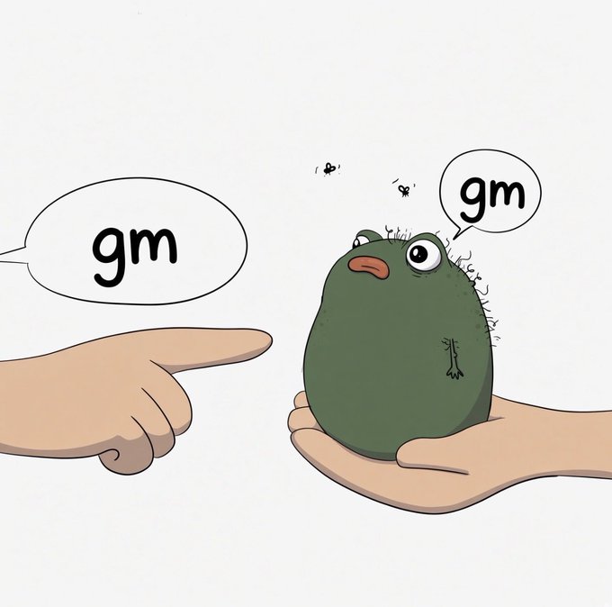 A cartoon illustration of a grumpy-looking green frog-like creature being held in a hand, with speech bubbles from both a pointing finger and the creature saying 'gm'.