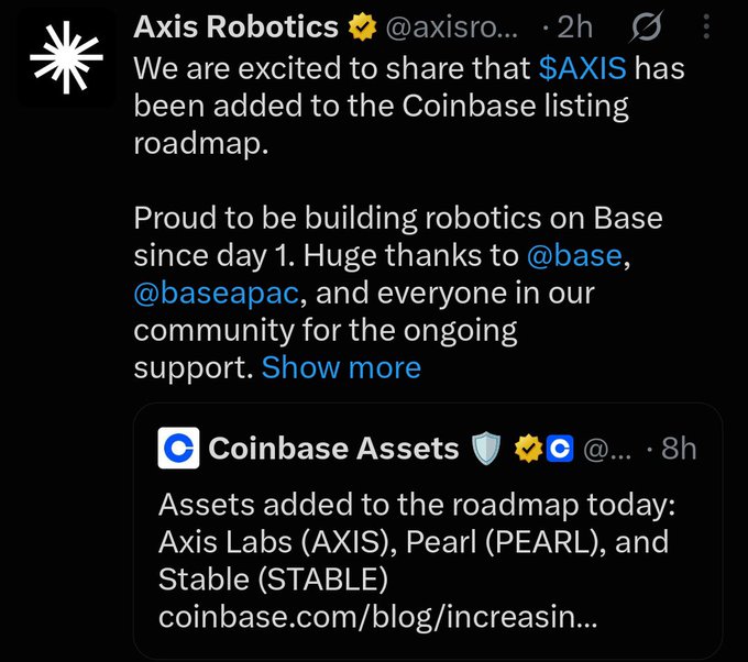 A Twitter/X post from Axis Robotics (@axisro...) announcing that $AXIS has been added to the Coinbase listing roadmap, quoting Coinbase Assets' tweet about Axis Labs (AXIS), Pearl (PEARL), and Stable (STABLE).
