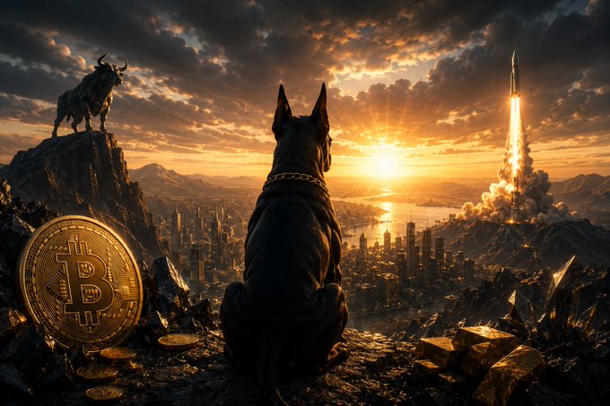 A black Doberman wearing a gold chain gazes over a sprawling cityscape at sunset alongside a Bitcoin coin, while a rocket launches into the clouds and a bull statue stands atop a nearby peak—symbolizing the optimistic momentum of Bitcoin rising to $64.3K amid a mixed broader crypto market.