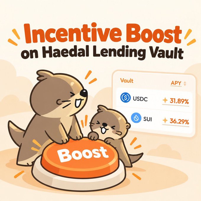 An illustrated promotional graphic titled 'Incentive Boost on Haedal Lending Vault' featuring cartoon otters and listing APYs of 31.89% for USDC and 36.29% for SUI.