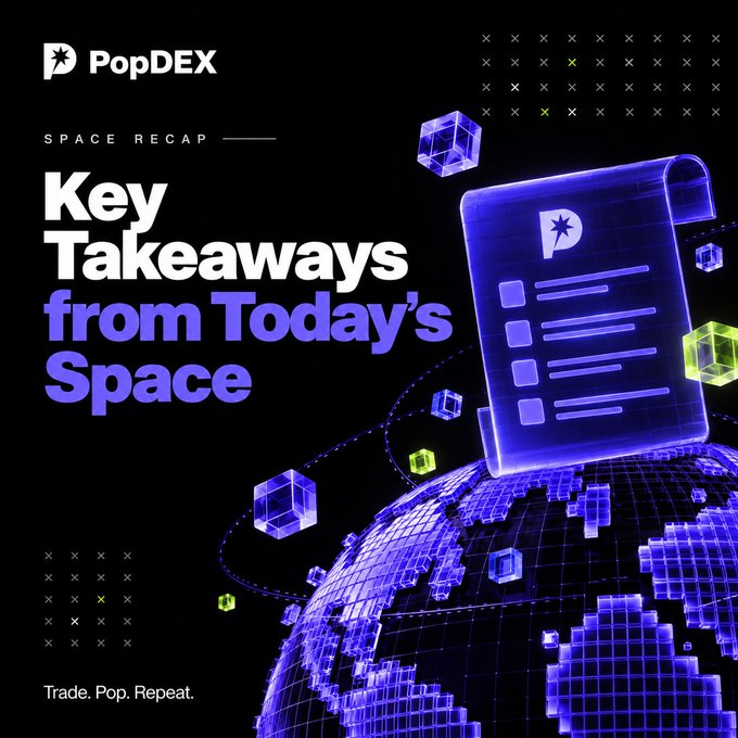 A digital graphic for PopDEX with the headline 'Key Takeaways from Today's Space', 'SPACE RECAP' subtitle, and 'Trade. Pop. Repeat.' tagline, featuring 3D floating cubes and a wireframe globe.
