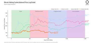 A line chart titled 'Bitcoin Mining Cycles (Indexed Price, Log Scale)' tracking different market phases—Flippening, Disillusionment, Enlightenment, and Accumulation—from February 2015 to May 2026.