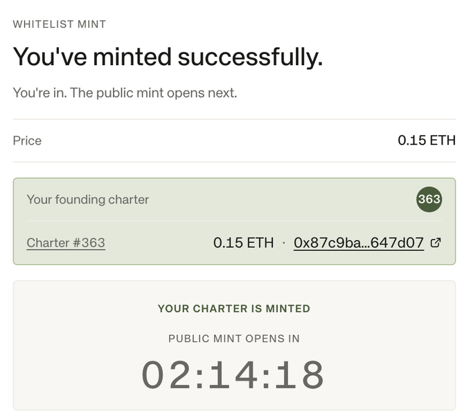 A successful whitelist mint confirmation for a "founding charter" #363 at 0.15 ETH, showing a 02:14:18 countdown until the public mint opens—directly illustrating the moment referenced in the post before speculating that the upcoming public Dutch auction could push prices above 1.1 ETH.
