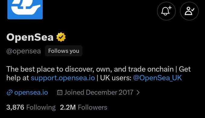 A Twitter profile for OpenSea (@opensea) with a verified checkmark, showing 2.2M followers, the bio 'The best place to discover, own, and trade onchain,' and joined December 2017.