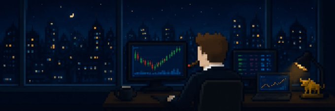Pixel art illustration of a person sitting at a desk with multiple computer monitors displaying trading charts at night, with a city skyline visible through the window.