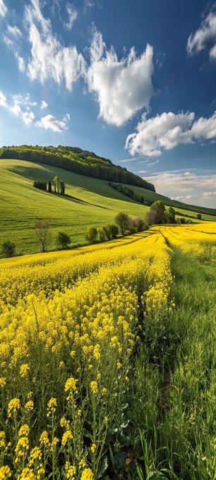 A scenic landscape photograph showing a vibrant yellow rapeseed/canola field in the foreground, rolling green hills with trees in the middle distance, and a bright blue sky with fluffy white clouds.