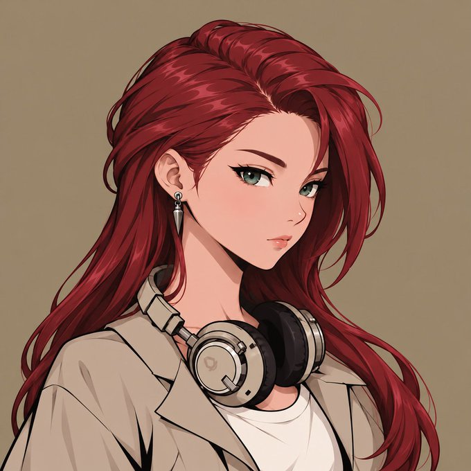An anime-style digital illustration of a young woman with flowing red hair, green eyes, and headphones resting around her neck, wearing a beige trench coat.