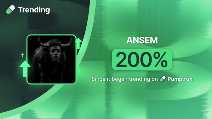 A green-themed "Trending" graphic on Pump.fun shows the ANSEM token with a 200% gain since trending, featuring a dark illustrated image of a horned figure alongside upward arrows, matching the post's claim of a 200% pump.