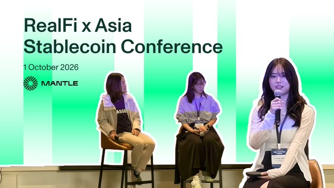 At the RealFi x Asia Stablecoin Conference on 1 October 2026, hosted by Mantle (in partnership with CapSummitGlobal and FourPillarsFP), speakers including representatives from Gem3a, Pharos Network, and Asseto Finance are shown in a panel discussion addressing institutional capital allocation in onchain finance.