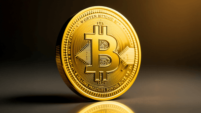A close-up photograph of a gold Bitcoin coin featuring the 'B' logo, set against a dark background.