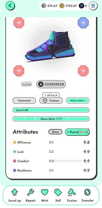 A mobile game interface showing a Level 30 holographic blue and purple sneaker with attributes including Efficiency 9.8, Luck 9.9, Comfort 9.9, and Resilience 9.9, along with a resource balance of 474.65 and 1720.07.