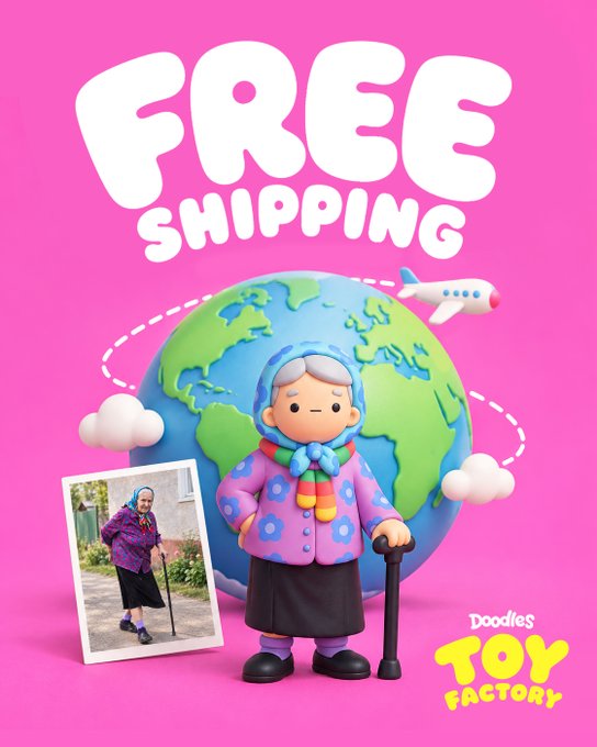 A bright pink promotional graphic features bold white "FREE SHIPPING" text above a 3D-rendered figurine of an elderly woman in a colorful polka-dot shawl and headscarf, holding a cane, standing in front of a globe with an airplane flying around it. A polaroid photo of a real elderly woman in similar traditional attire is displayed to the left, and the "Doodles Toy Factory" logo appears in the bottom right corner, promoting their limited-time worldwide free shipping offer on custom figurines made to resemble loved ones, like a grandmother "back home."