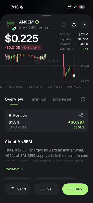 A mobile screenshot showing the cryptocurrency token 'ANSEM' priced at $0.225, with a market cap of $224M, a position of 6.84 ANSEM worth $1.54, and a 'Buy' button visible.