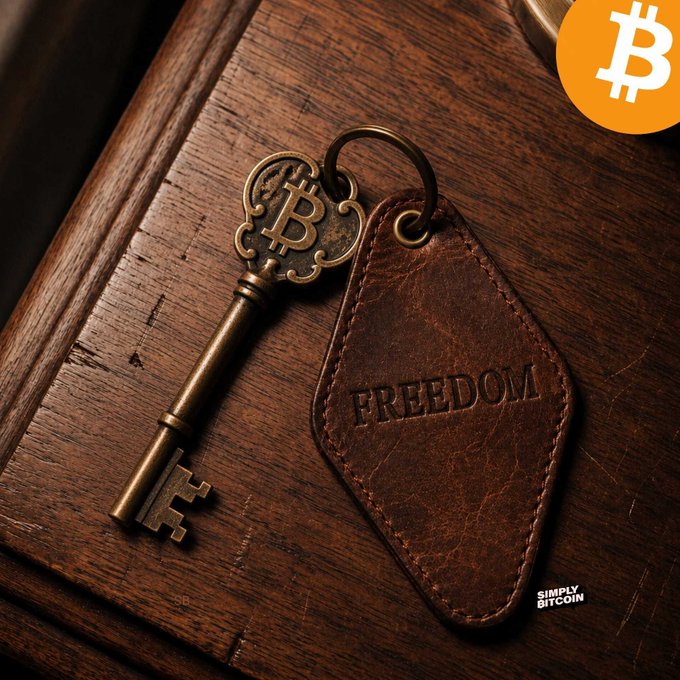 A bronze key with a Bitcoin symbol and a brown leather tag embossed with 'FREEDOM' rest on a wooden surface, with a Bitcoin coin in the corner and a 'SIMPLY BITCOIN' watermark.