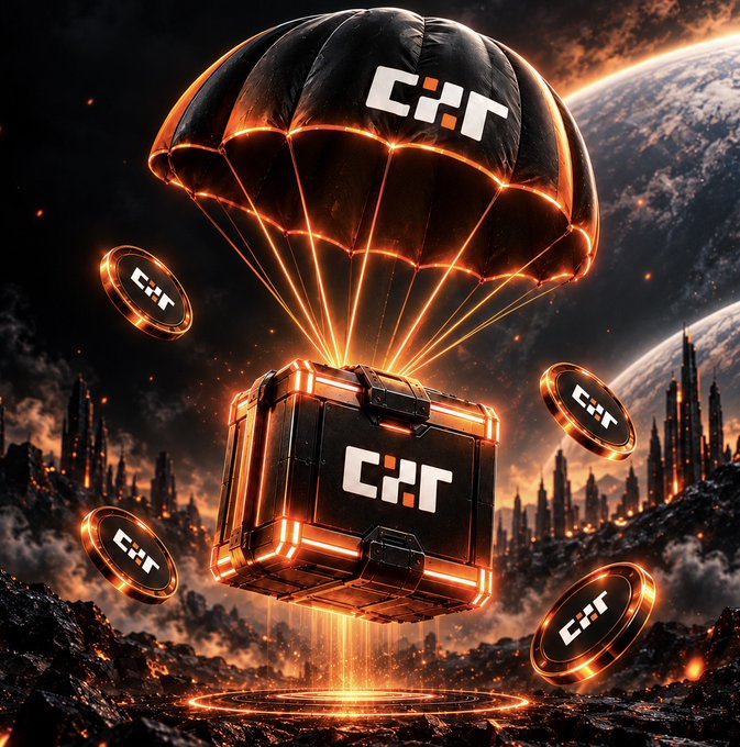 A parachute drops a glowing crate emblazoned with "CZR" onto an alien landscape, surrounded by floating CZR coins, symbolizing the imminent arrival and "airdrop" of the CZR token to traders. This sci-fi visual reinforces the post's announcement of CZR/USDT spot trading launching on October 1 via czrex.com.