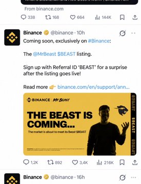 A Binance post announces the exclusive listing of Mr Beast's $BEAST token on Binance, offering a surprise after the listing goes live via Referral ID 'BEAST', with the caption emphasizing the official $BEAST Presale ending soon. The accompanying tweet highlights that Binance confirmed MrBeast's $BEAST listing and Presale, urging users to join before the 10-hour window closes.