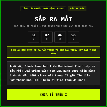 A countdown timer shows 31 days, 7 hours, 46 minutes, and 56 seconds until the upcoming launch of the "Stonk Launchpad," with text in Vietnamese announcing that 3 special projects will debut within the first 72 hours. The accompanying post discusses the uncertainty surrounding these rapid-fire project launches on the Stonk Launcher, expressing concern that releasing multiple projects in such a short timeframe could dilute liquidity across the platform.