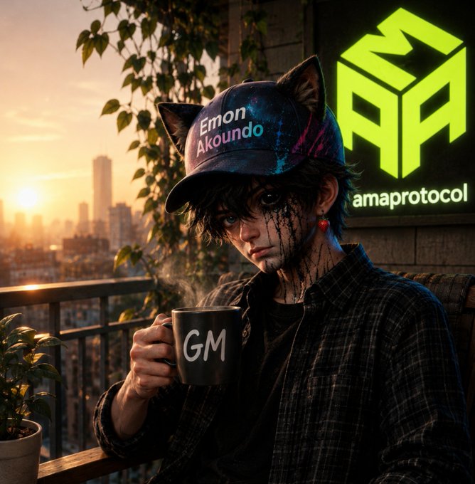 A digital illustration of an anime-style character with cat ears wearing a galaxy-patterned 'Emon Akoundo' cap, holding a 'GM' coffee mug at sunset with 'amaproTOCOL' logo in the corner.