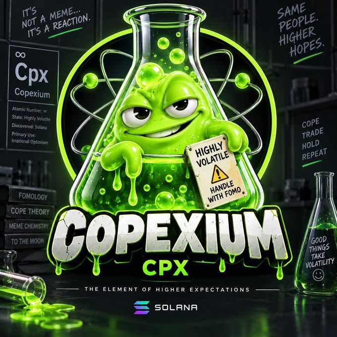 A promotional graphic for a cryptocurrency or meme token called 'COPEXIUM (CPX)' featuring a green, angry slime-like character inside a laboratory flask. Text includes 'Copexium', 'Atomic Number: ∞', 'State: Highly Volatile', 'Discovered: Solana', 'Primary Use: Irrational Optimism', 'HIGHLY VOLATILE HANDLE WITH FOMO', and 'THE ELEMENT OF HIGHER EXPECTATIONS' with the Solana logo.