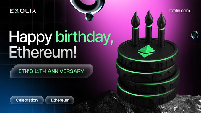 A promotional graphic from Exolix celebrating Ethereum's 11th anniversary, featuring a stylized black birthday cake with three candles, the Ethereum logo, and the text "Happy birthday, Ethereum! ETH'S 11TH ANNIVERSARY" against a pink and purple gradient background—visually reinforcing the post's tribute to Ethereum's milestone and Exolix's role in supporting the ecosystem.