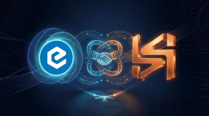 A digital graphic displays three glowing 3D symbols—a blue circular emblem, a blue handshake design, and an orange 'S4' logo—against a dark background with circuit board patterns.