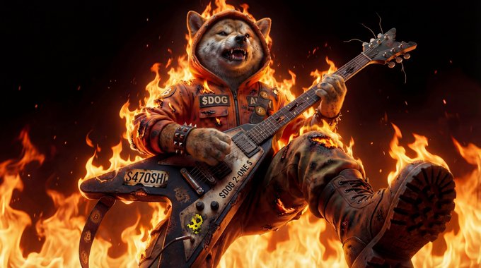 An anthropomorphic Shiba Inu dog wearing a jacket labeled '$DOG' plays an electric guitar with 'S470SH' written on it, surrounded by intense flames.