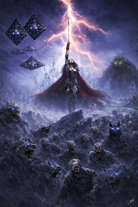 A fantasy artwork depicts a warrior woman holding a lightning-wielding sword aloft, standing before a horde of undead creatures and monstrous wolves in a dark, stormy setting.