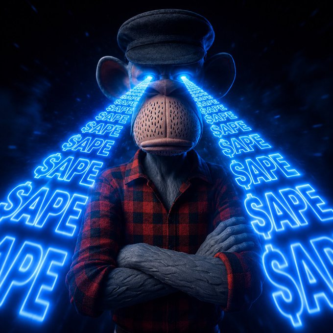 The image features a stylized gorilla wearing a cap and a red plaid shirt, with glowing blue neon "$APE" text streaming from its eyes like laser beams. This visual ties into the "$APE" post by portraying the iconic Bored Ape aesthetic alongside the cryptocurrency ticker prominently displayed throughout the composition.