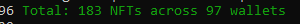 A green text line on a black background reads "96 Total: 183 NFTs across 97 wallets," displaying real-time minting statistics for the OnChainHoodies x MNTD x Sanjay's collection on the MintedNFTs Telegram Bot, showing that 183 NFTs have been minted across 97 wallets with 2 per wallet.