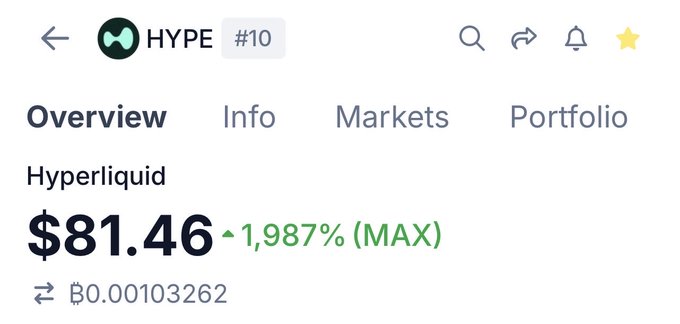 A screenshot of the HYPE (Hyperliquid) cryptocurrency listing shows a price of $81.46 with an extraordinary gain of +1,987% (MAX), illustrating the massive returns referenced in the post about the asset dramatically boosting the user's portfolio.