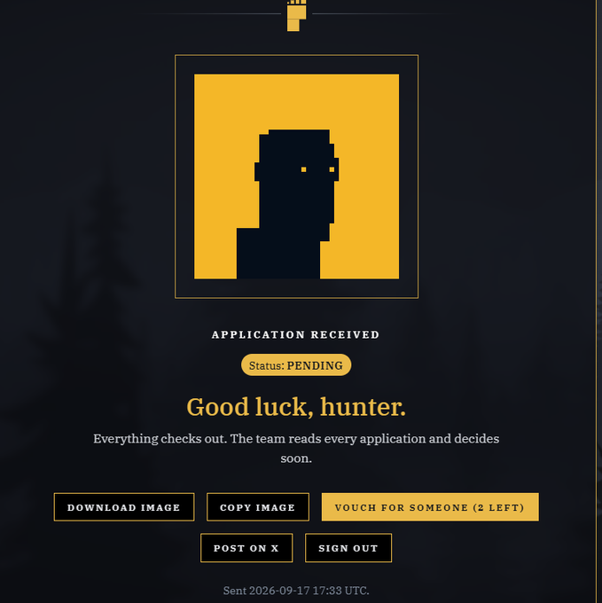 A dark-themed application confirmation screen showing a pixelated head icon with the text 'APPLICATION RECEIVED', 'Status: PENDING', and 'Good luck, hunter.'