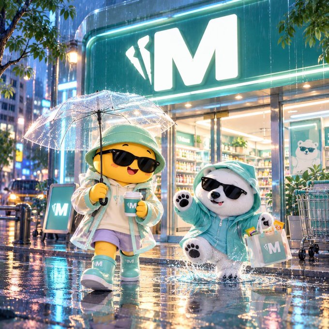A 3D-rendered scene of two cute characters (a yellow duck-like figure and a white bear) wearing sunglasses and teal raincoats, splashing in puddles outside an 'M' branded store with shopping bags.