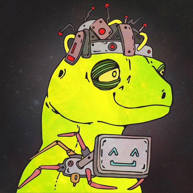 A cartoon illustration of a green dinosaur-like creature with cybernetic implants, including a head device with antennas and a screen displaying a smiley face on its chest.