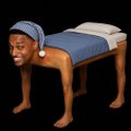 A surreal composite image shows a man's face superimposed on a dog's body, with the dog's body lying down like furniture.