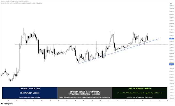 A Bitcoin (BTC/USDT) candlestick chart on TradingView displays price action with an ascending trendline and horizontal support level drawn in blue, accompanied by "The Paragon Group" Trading Education banner at the bottom. The meme references the simple trendline as a powerful tool separating traders from financial freedom, visually illustrating how basic technical analysis can reveal significant market structure.